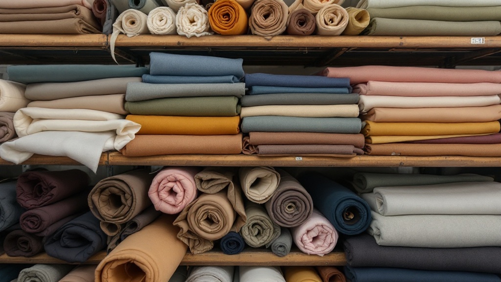 Bolts of colorful fabric rolled and organized on industrial shelving racks