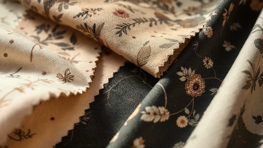 Close-up of printed textile sample swatches arranged on flat surface