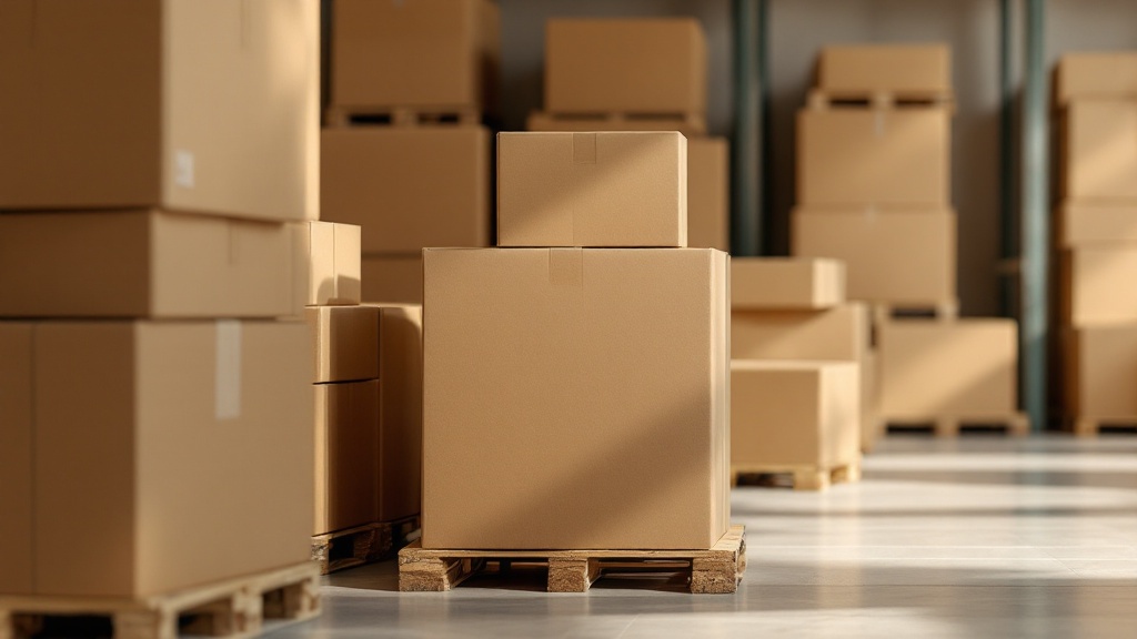 Stacked cardboard shipping boxes on wooden pallets in warehouse storage