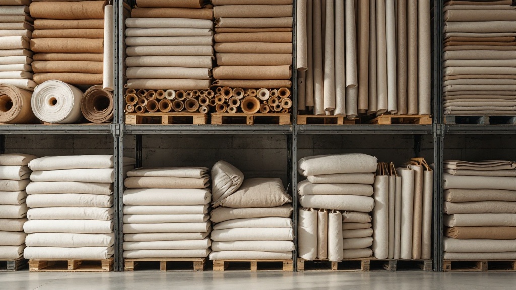 Rows of fabric bolts in various colors organized on industrial shelving