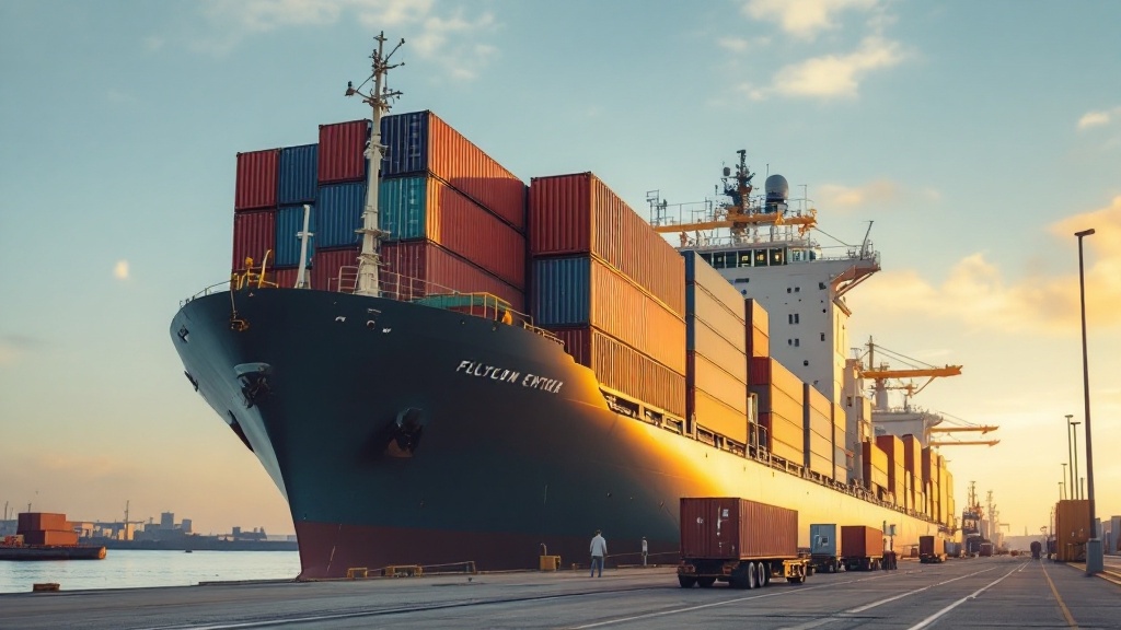 Shipping container vessel docked at industrial port terminal under open sky