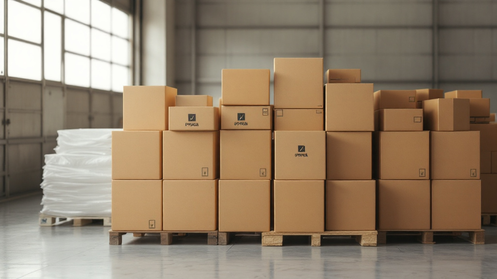 Stacked cardboard shipping boxes on wooden pallets in a warehouse