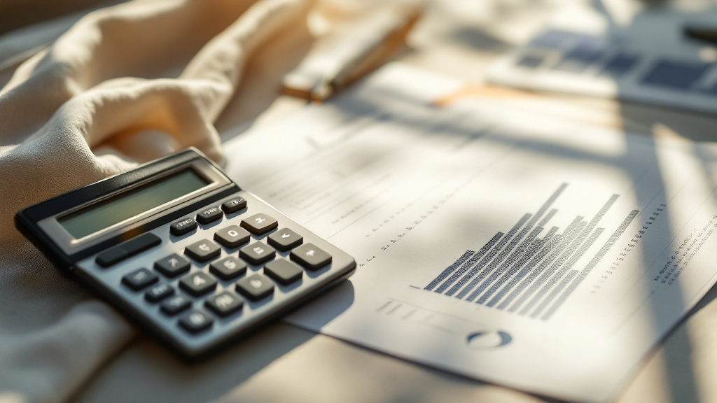 Calculator and financial spreadsheet on a desk with a pen