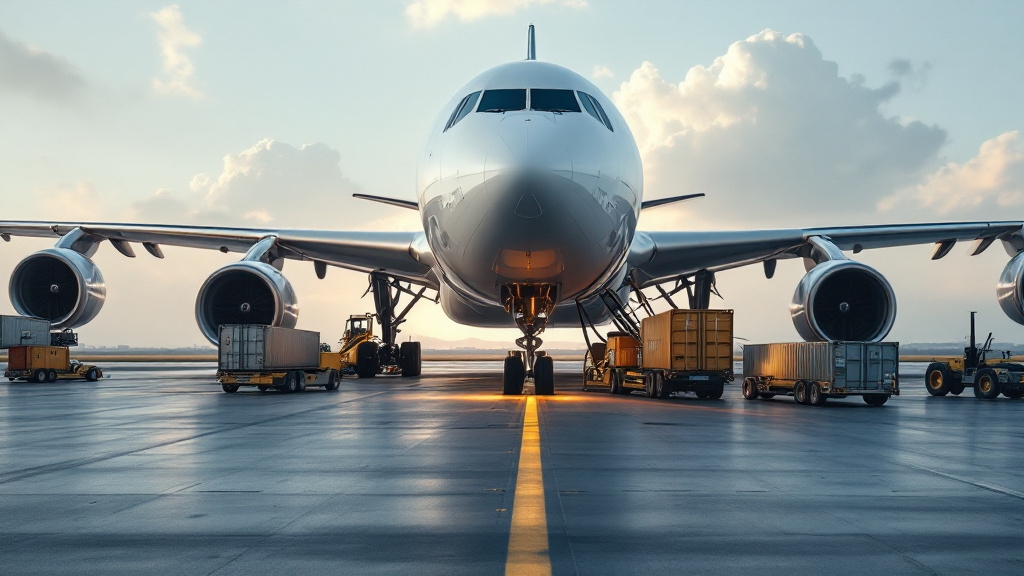 Wide-body cargo aircraft on tarmac with freight containers loaded below wing