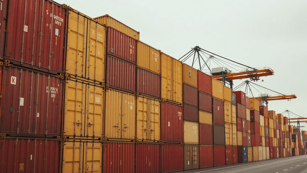 Stack of shipping containers at a large cargo port terminal under overcast sky
