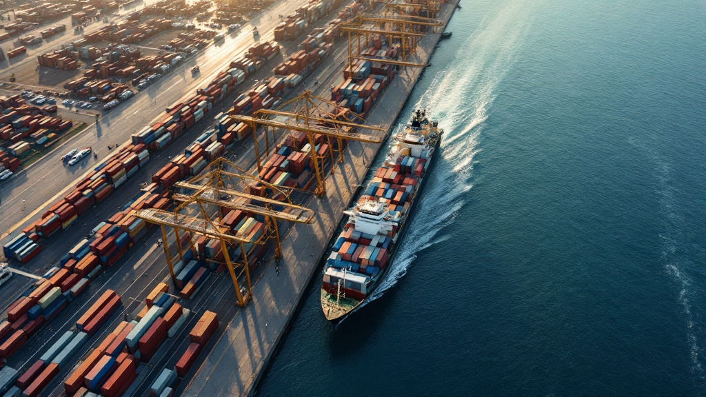 Aerial view of a modern cargo port with container ships docked at multiple berths