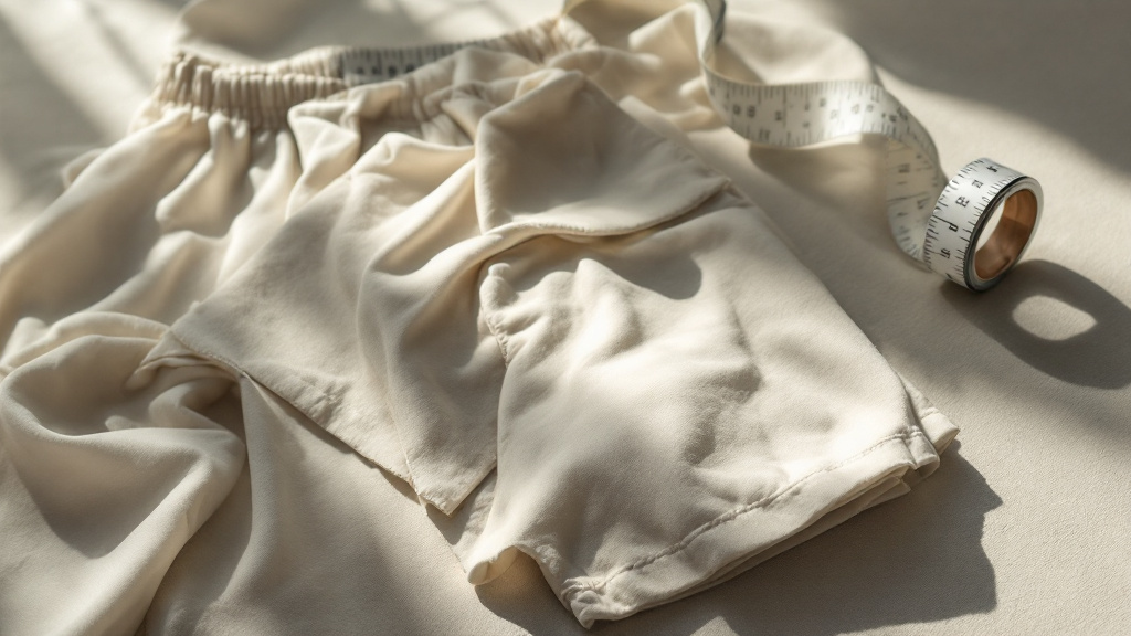 Folded swim shorts with elastane fabric swatches and a measuring tape arranged on a flat surface