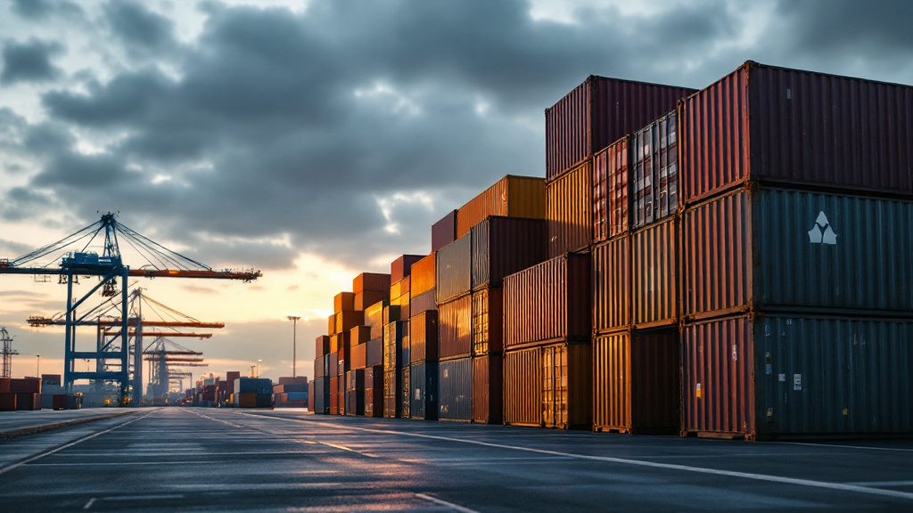 Stack of shipping containers at a cargo port under overcast sky at dusk