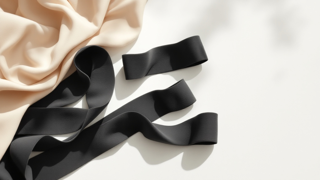 Flat lay of swimwear elastic bands in varying widths arranged on a white surface
