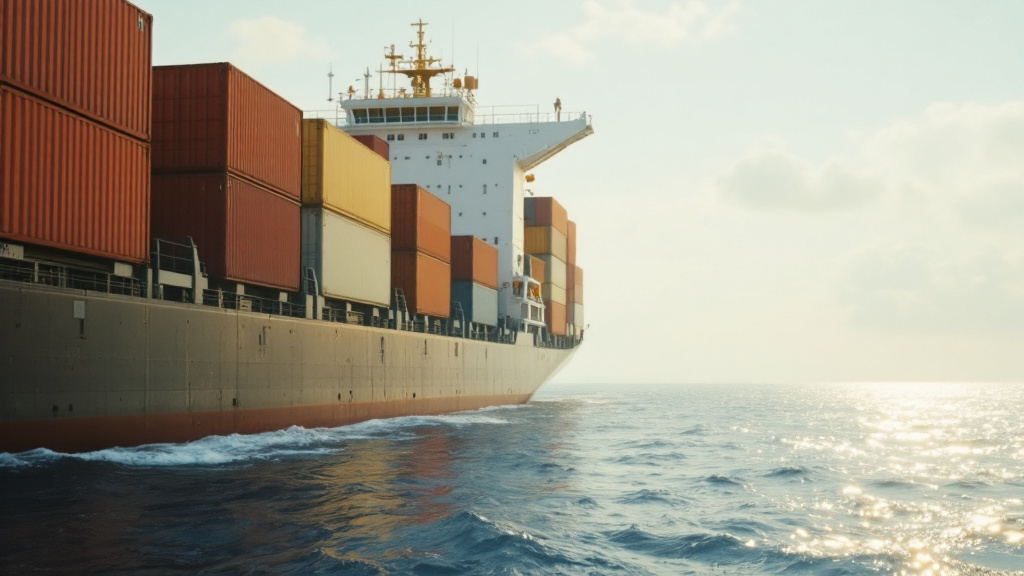 Cargo shipping vessel at sea with containers stacked on deck under open sky