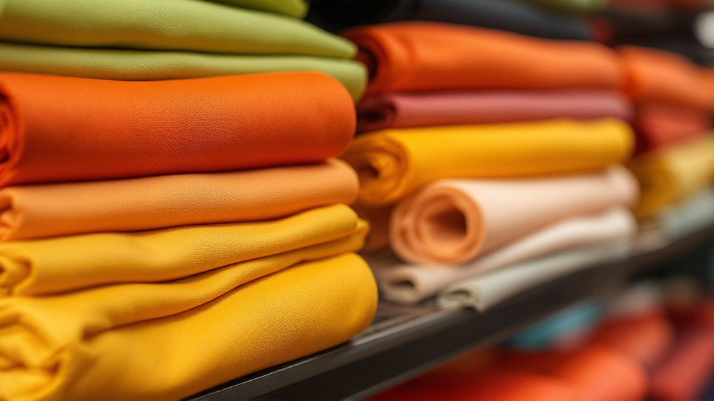Close-up of folded swimwear fabric rolls in bright solid colours on a production shelf