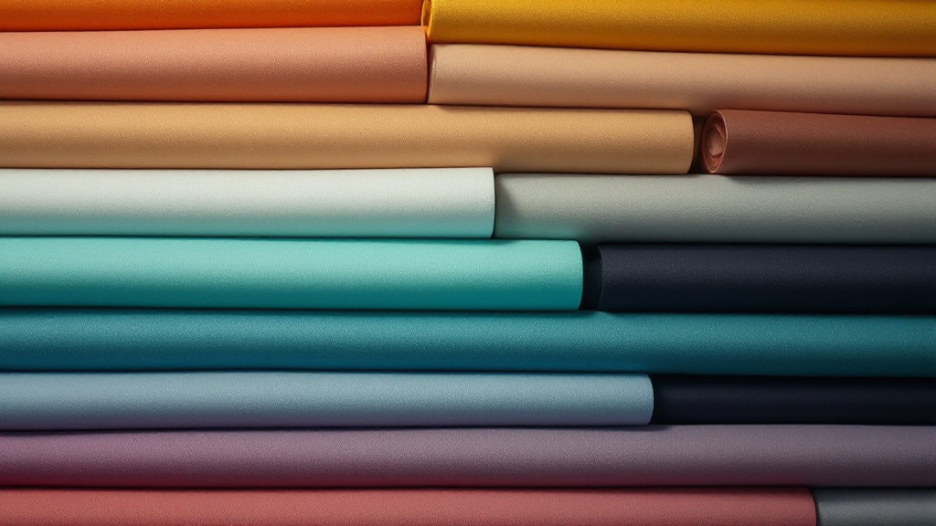Stacked rolls of nylon elastane swimwear fabric in multiple colours on a production room shelf