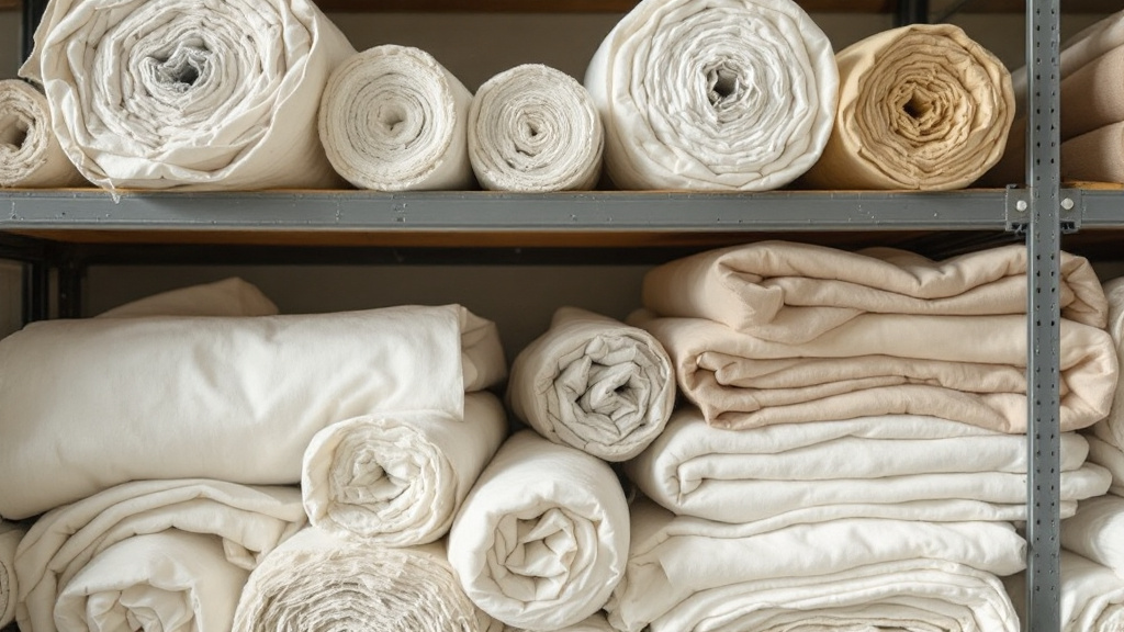 Rolls of cotton-polyester blend fabric stacked on warehouse shelving, showing varied weights and colours