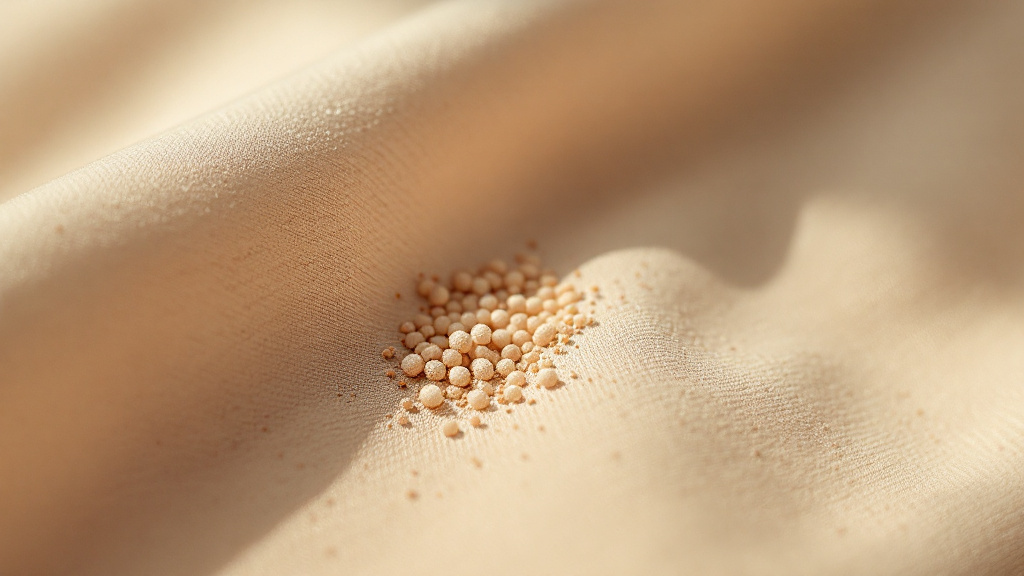 Close-up of fabric surface showing small fibre pills clustered near a seam edge