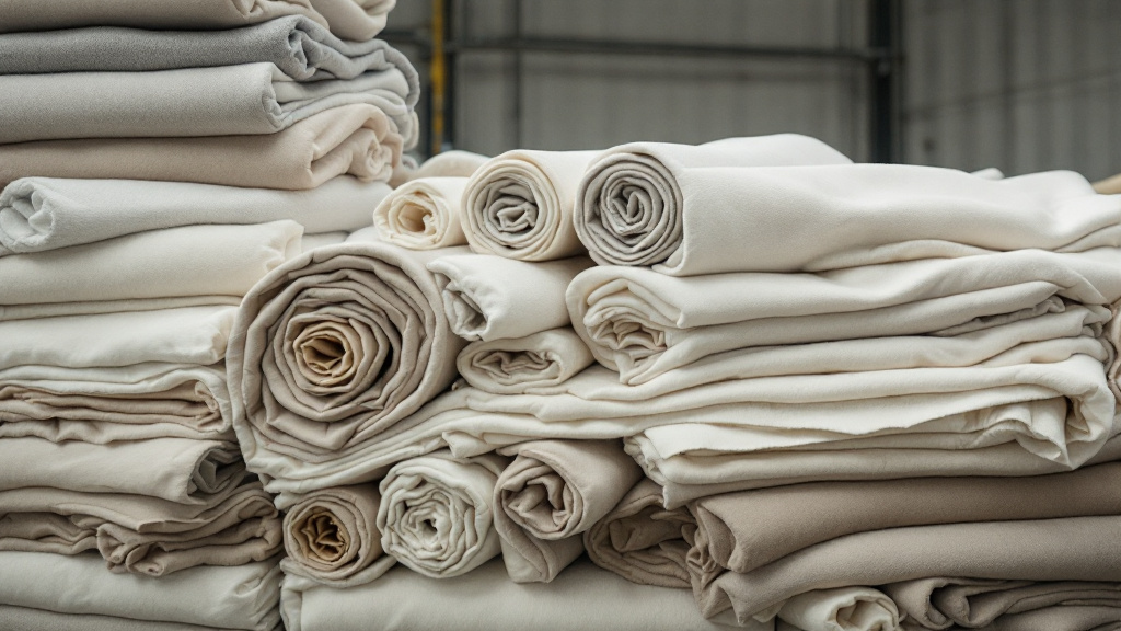 Stacked rolls of jersey and fleece fabric in a production warehouse ready for cutting