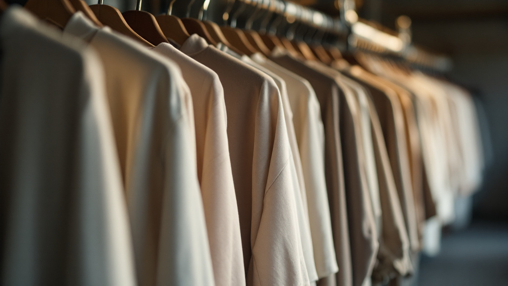 Rows of unsold garments hanging on rails in a dim storage warehouse