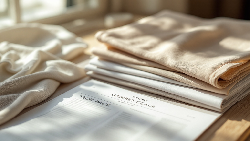 Stack of detailed garment tech packs and fabric swatches on a worktable