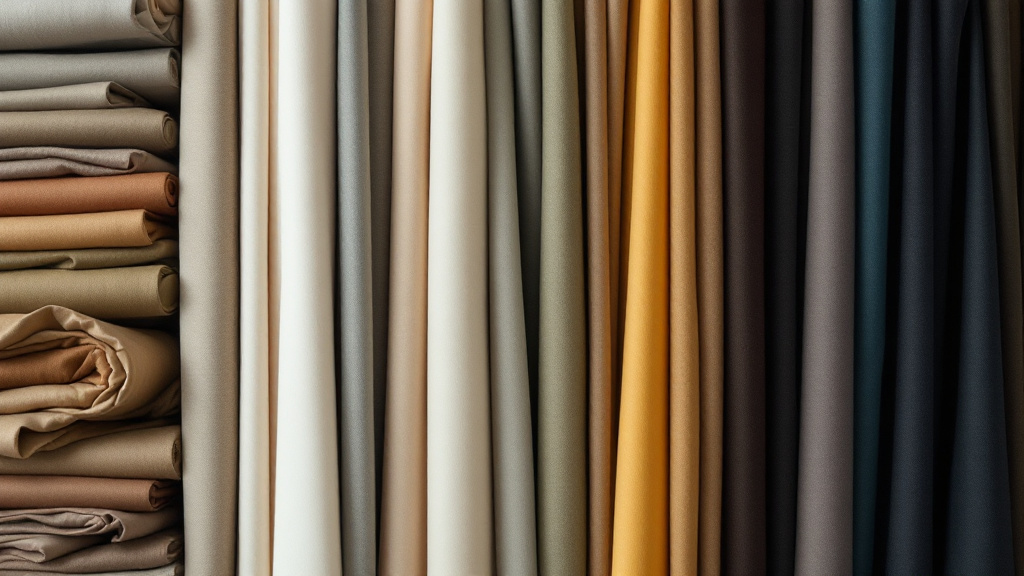 Neatly organised fabric rolls in a range of six coordinated colours on warehouse shelving