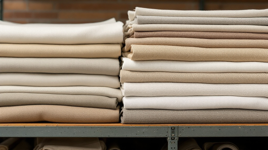 Stack of folded woven fabric rolls in neutral and earthy tones on a warehouse shelf