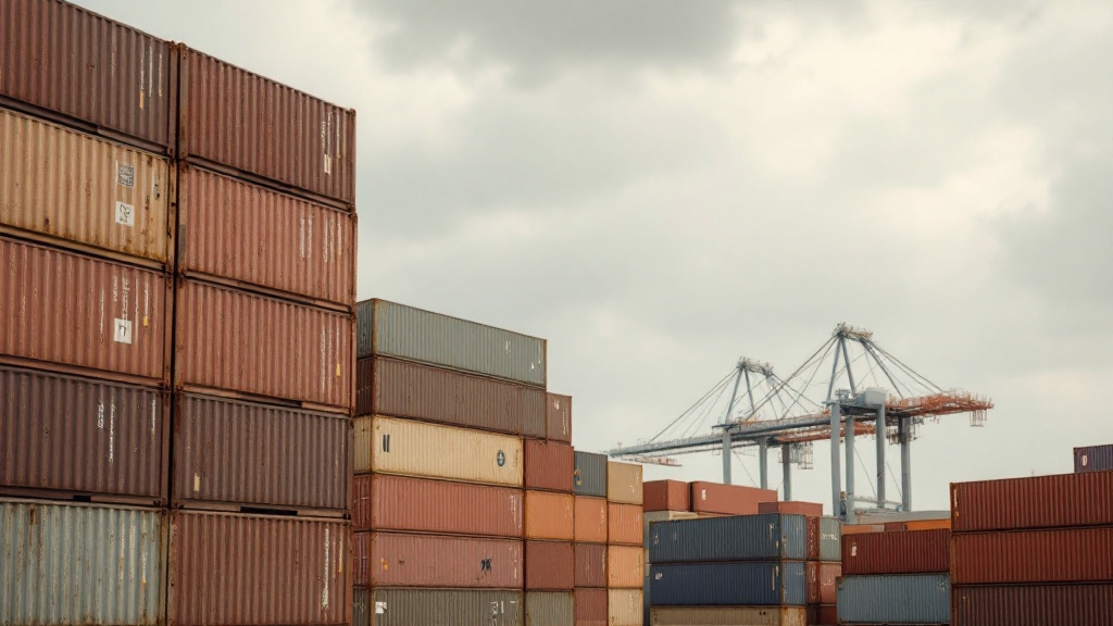 Stack of shipping containers at a busy cargo port terminal under an overcast sky