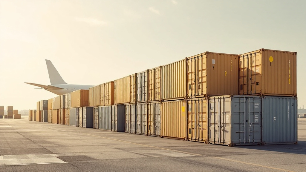 Air freight cargo containers stacked on an airport tarmac ready for loading