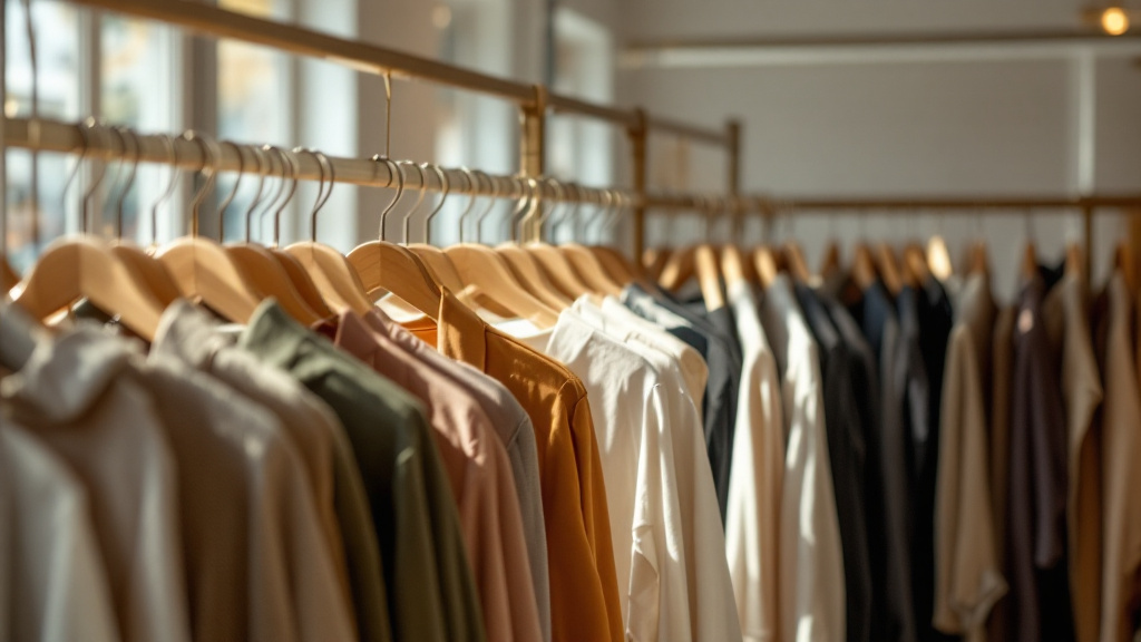 Rows of discounted apparel on retail sale racks inside a clothing store