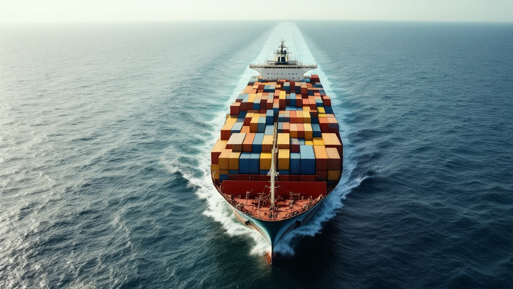 Large cargo ship loaded with shipping containers sailing on open ocean