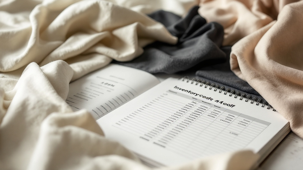 Open spreadsheet showing inventory cost calculations on a desk next to fabric swatches