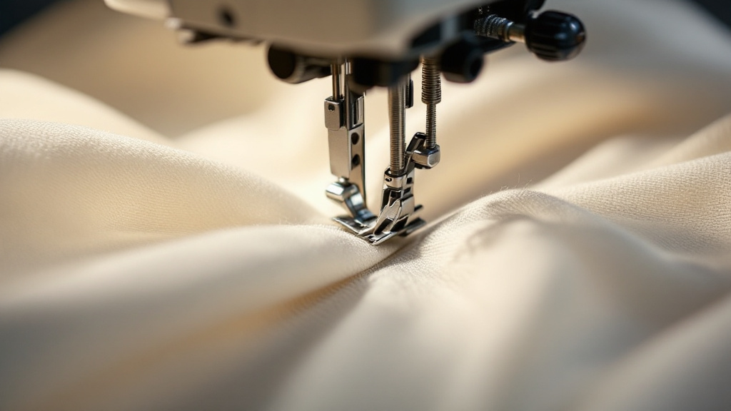 Industrial sewing machine needle close-up stitching through double layers of woven fabric