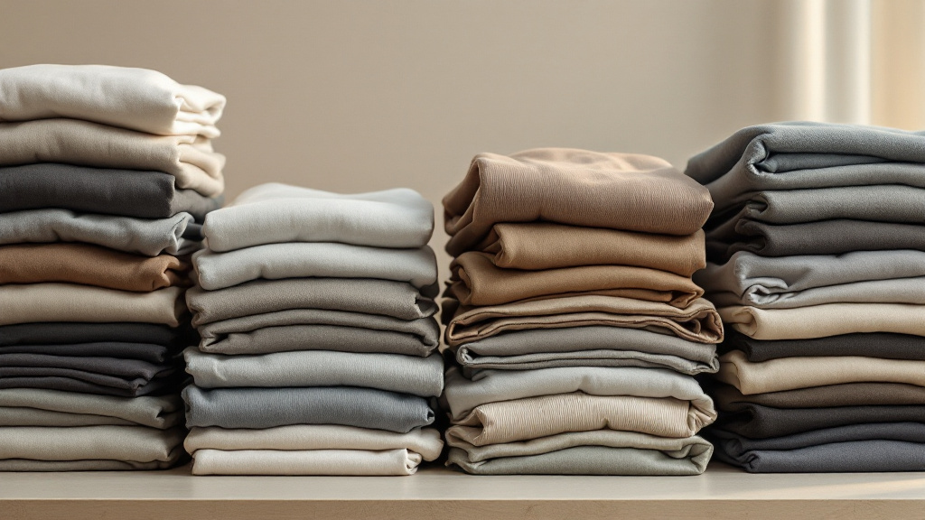 Rows of folded finished garments stacked by size and colour ready for final audit inspection