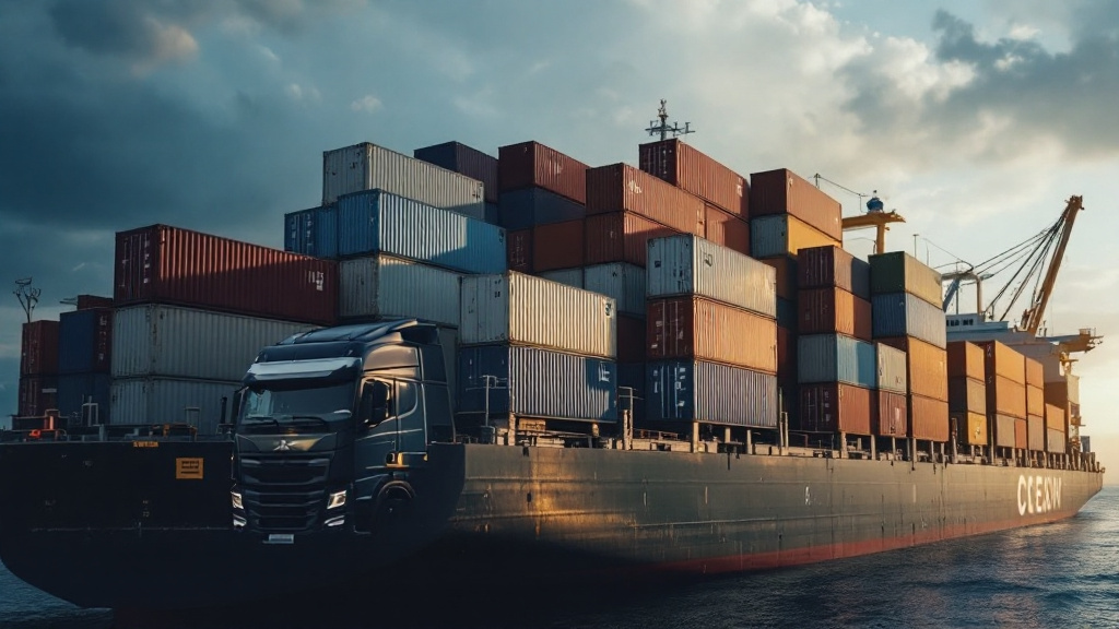 Stack of intermodal shipping containers on a cargo vessel at a busy commercial port