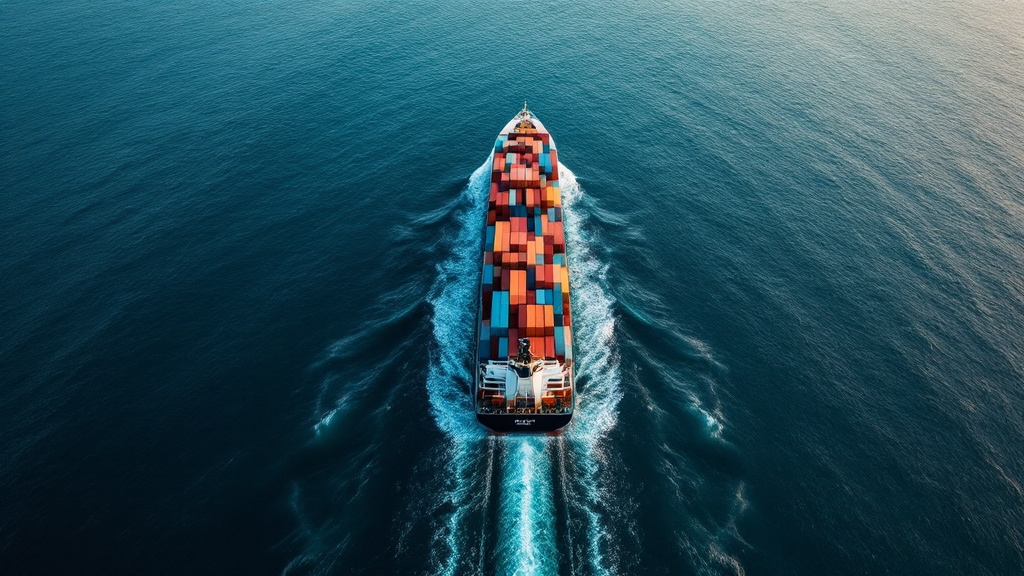 Aerial view of a cargo ship navigating a calm blue sea toward a coastal port terminal