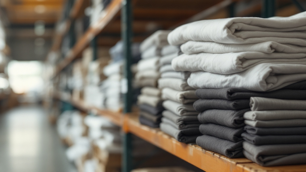 Neatly stacked folded garments on warehouse shelving, ready for fulfilment dispatch