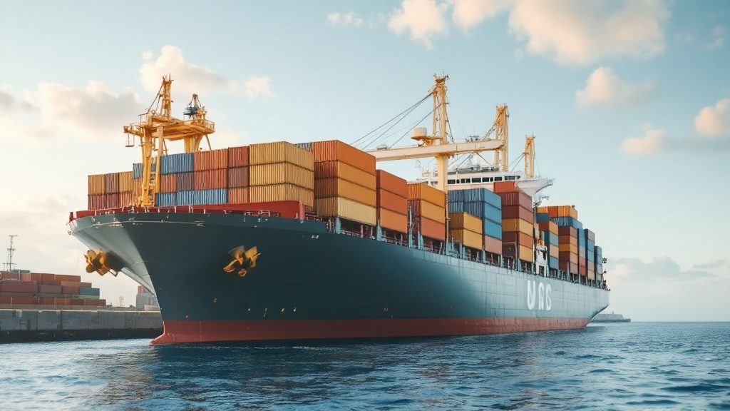 Cargo container ship at a port terminal with freight containers stacked along the dock