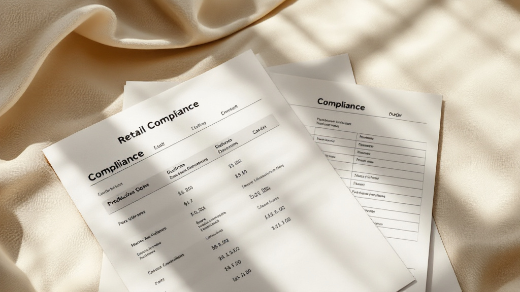 Organised production order documents with barcode labels and compliance specification sheets laid out flat