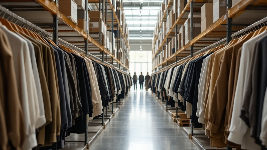 Rows of overstocked apparel hanging on racks inside a large warehouse facility