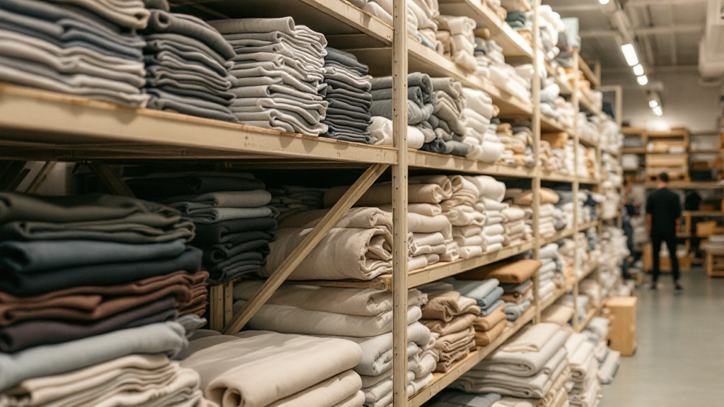 Neatly folded fabric rolls stacked on warehouse shelves in an organised textile storage room