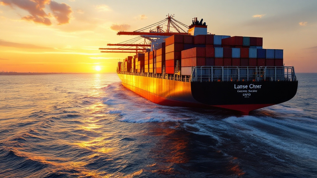 Cargo ship loaded with shipping containers sailing toward a port at sunset