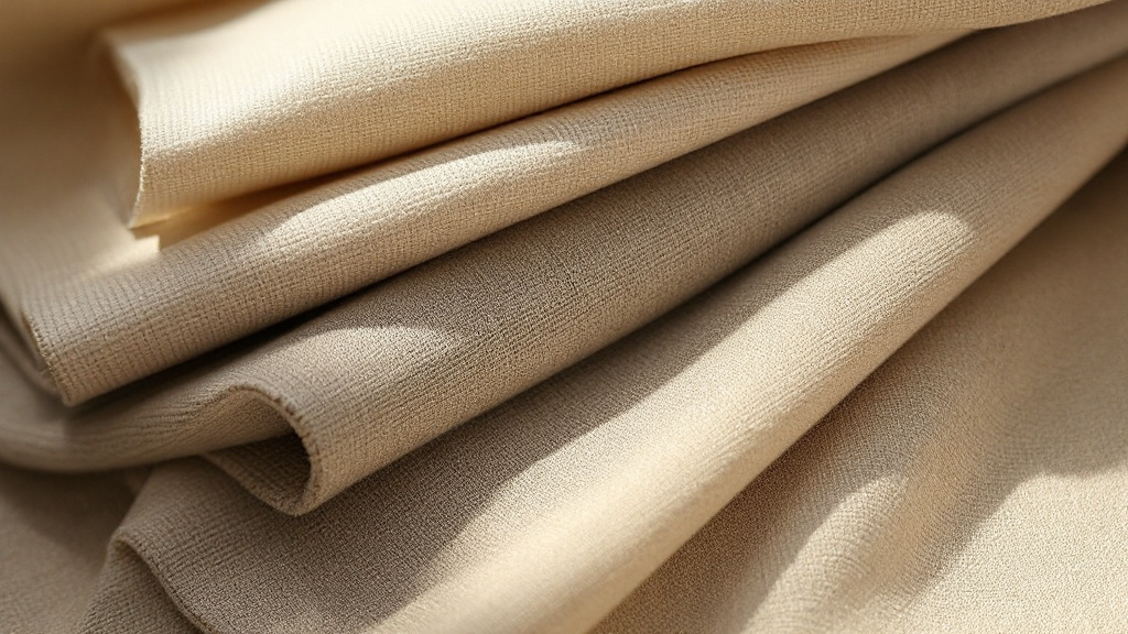 Close-up of folded woven fabric swatches in neutral tones on a flat surface