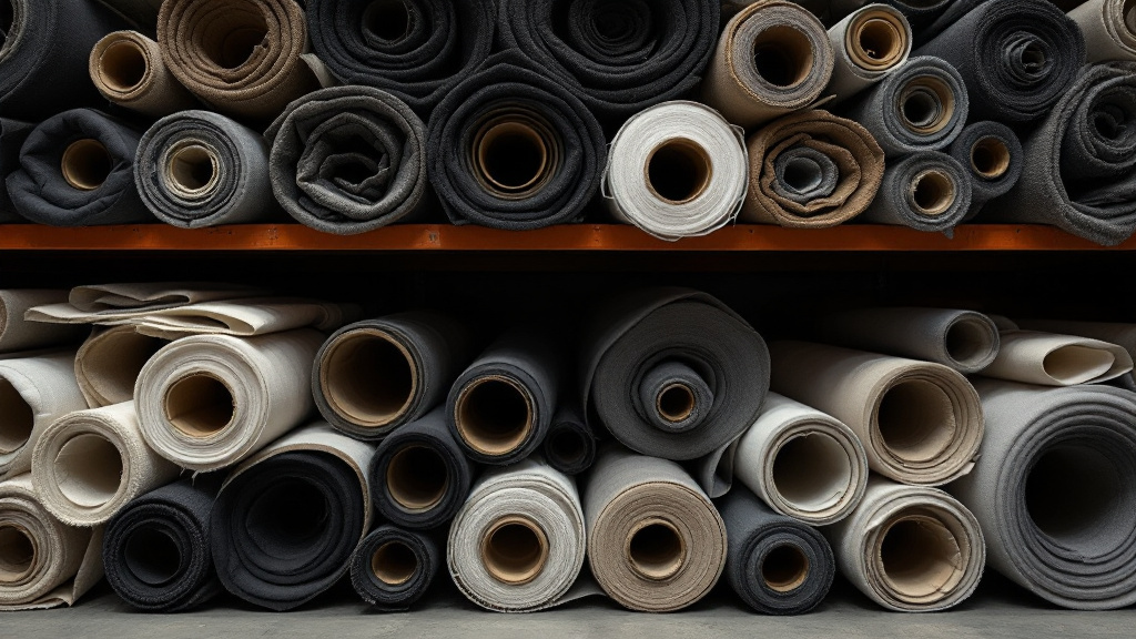 Multiple rolls of technical fabric arranged upright on warehouse shelving in rows