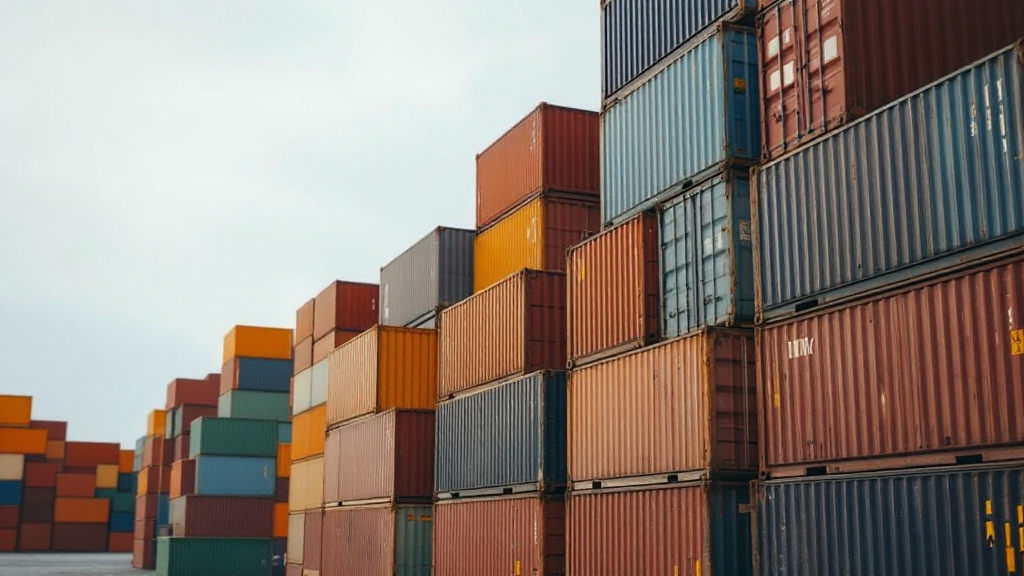 Stack of shipping containers at a busy cargo port under an overcast sky