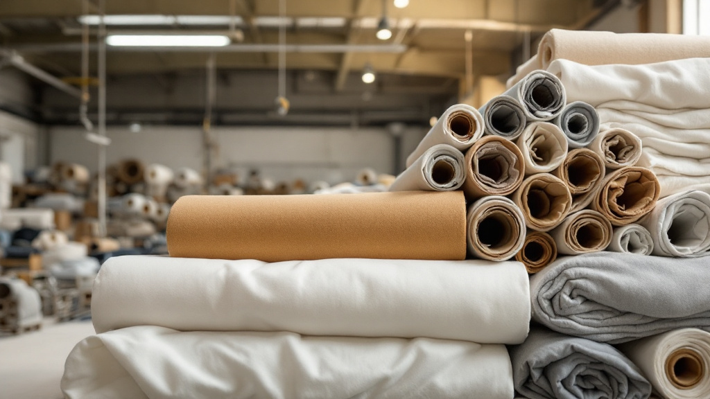 Rolls of fabric stacked neatly in a well-organised textile warehouse under bright lighting