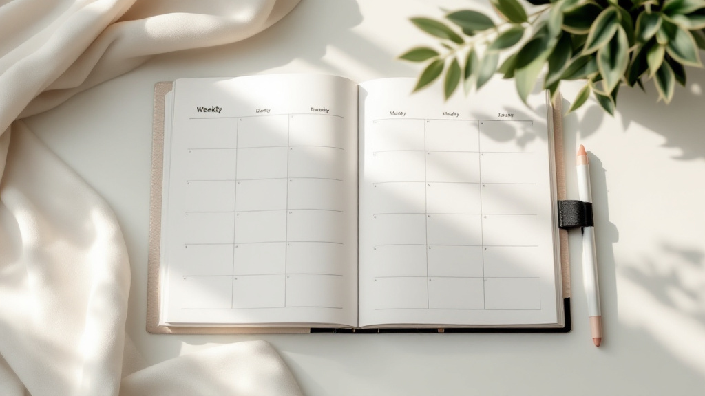 Open weekly planner with calendar grid and coloured markers on a clean desk surface